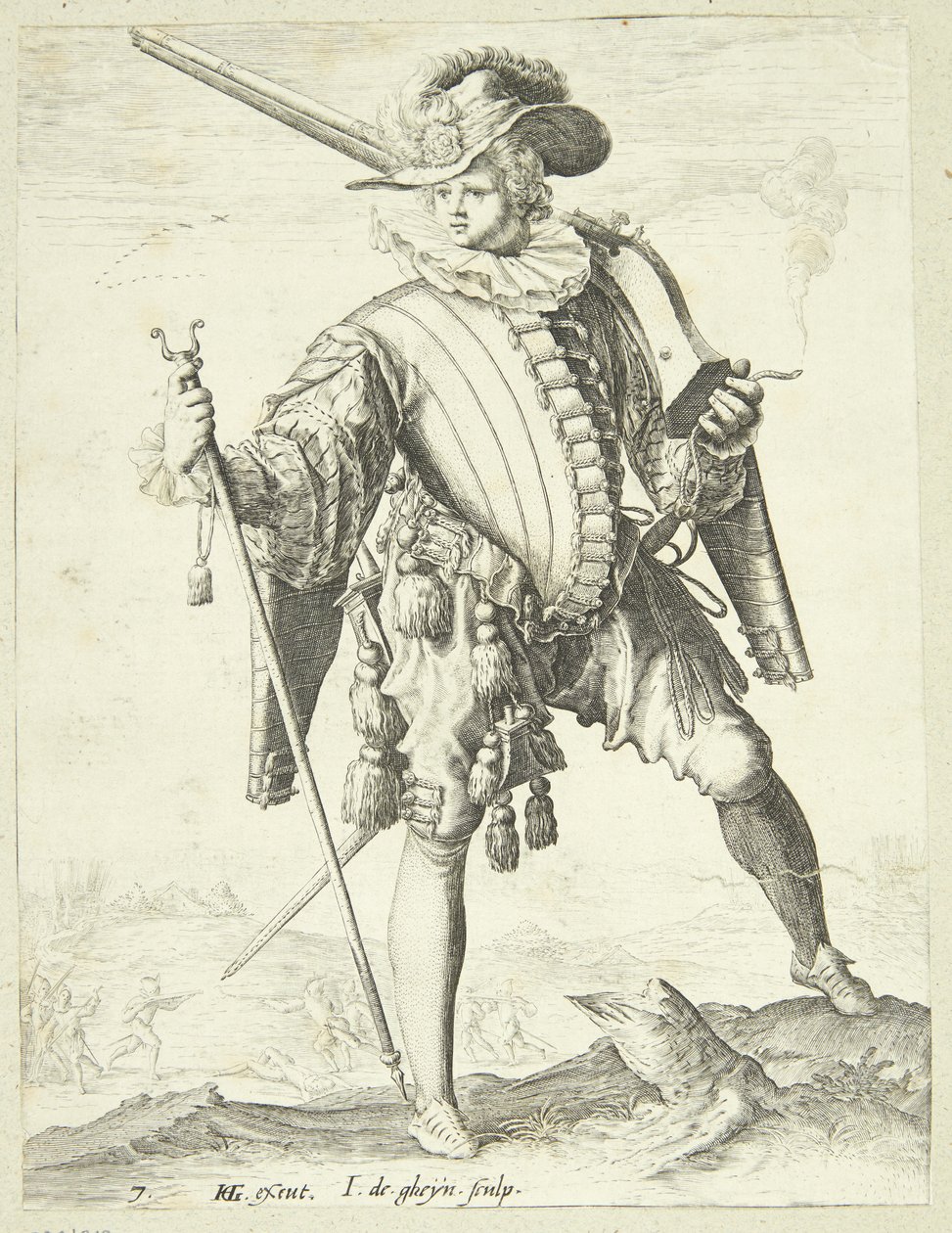Sotilas leukahihnalla (arquebus) tekijältä Gheyn, Jacques II de