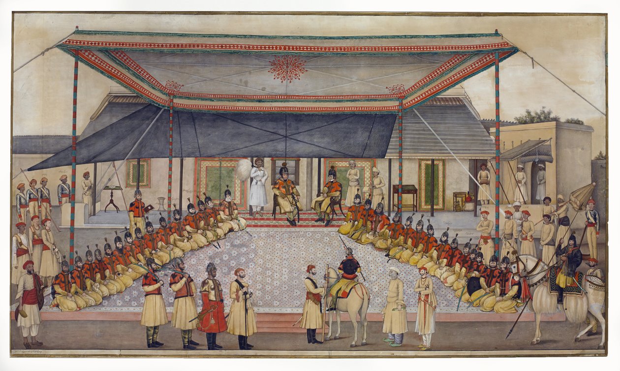 Eversti James Skinner pitelee rykmentin durbaria, 1827 (wc, guassi paperilla) tekijältä Ghulam Ali Khan