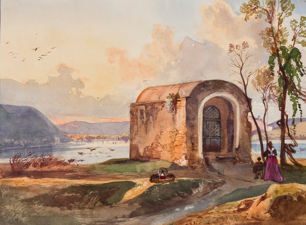 Kappeli Lucrino-järven rannalla, johon on lisätty Borbone-oppilas, mahdollisesti prinsessa Maria Annunziata di Borbone (1843-1871) (kynä, wc ja guassi paperilla) tekijältä Giacinto Gigante
