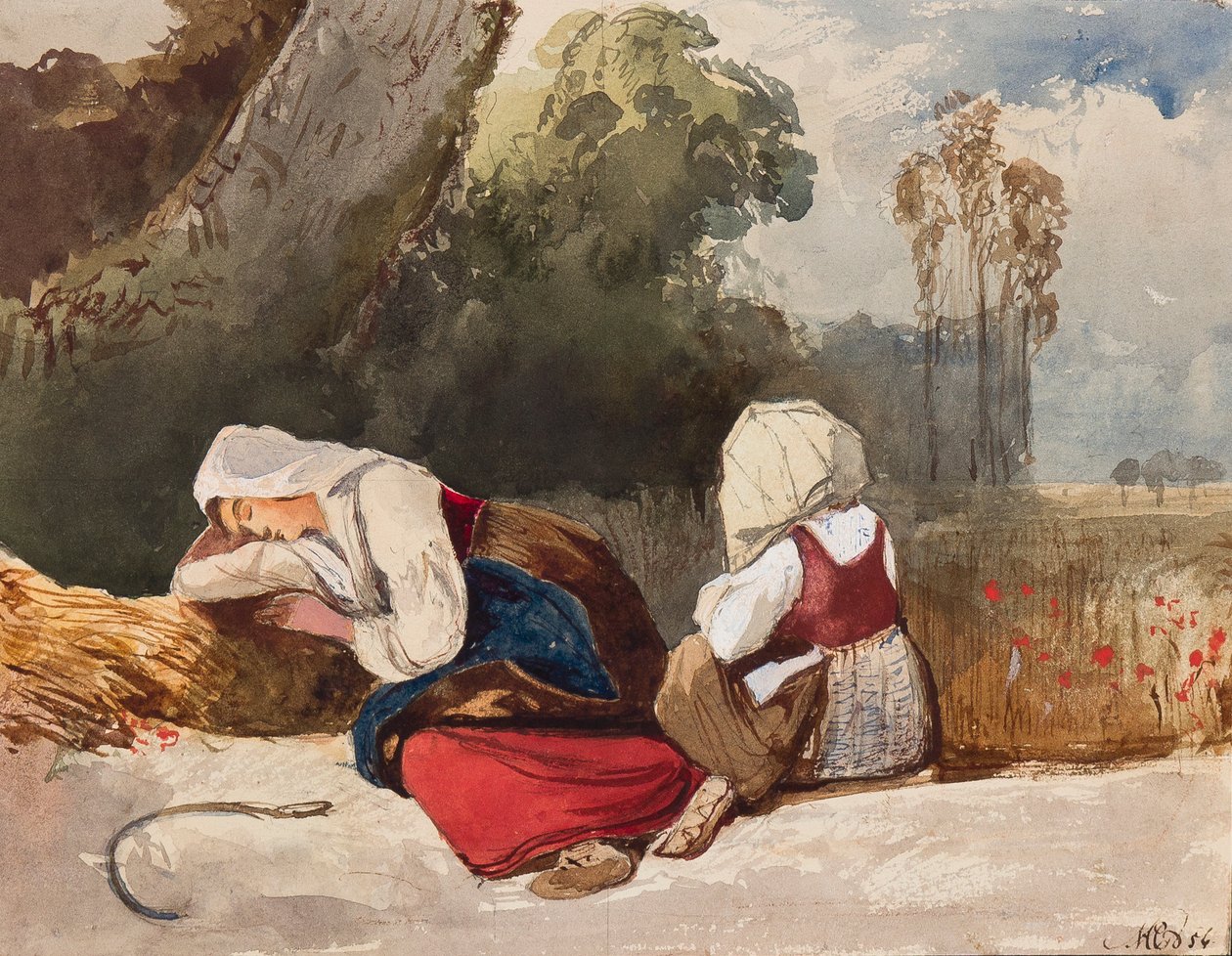 Kerääjät lepäävät, lisäyksin prinsessa Maria Annunziata di Borbone (1843-1871), 1854 (lyijykynä, wc ja guassi paperille). tekijältä Giacinto Gigante