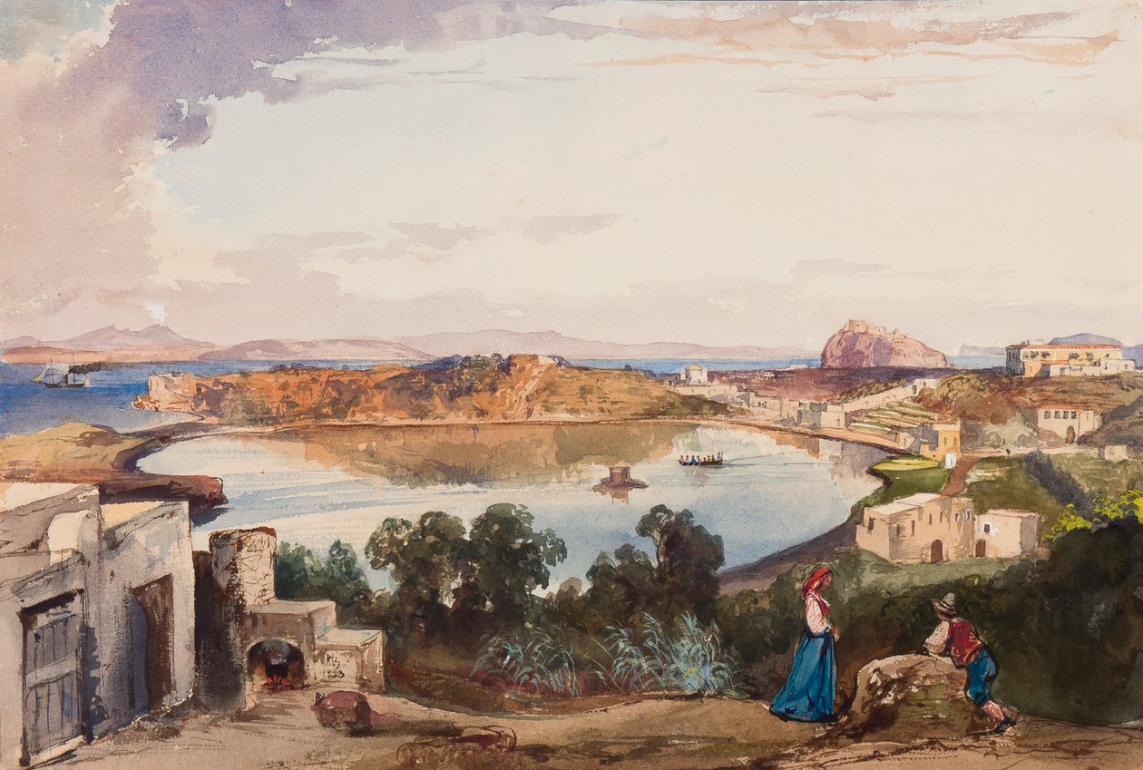 Ischia, kaldera juuri ennen meren sisäänkäynnin leikkausta, Kuninkaallinen palatsi oikealla, lisäyksiä prinssi Alfonso Maria di Borbone (1841-1934), 1853 (lyijykynä, wc ja guassi paperilla) tekijältä Giacinto Gigante