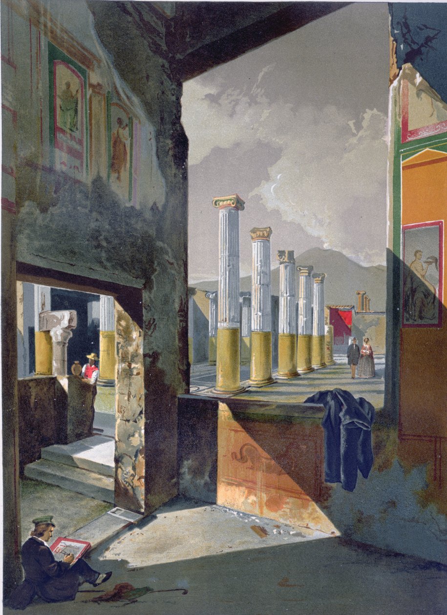 Turistit vierailevat ja luonnostelevat Pompejissa, noin 1860 tekijältä Giacinto Gigante