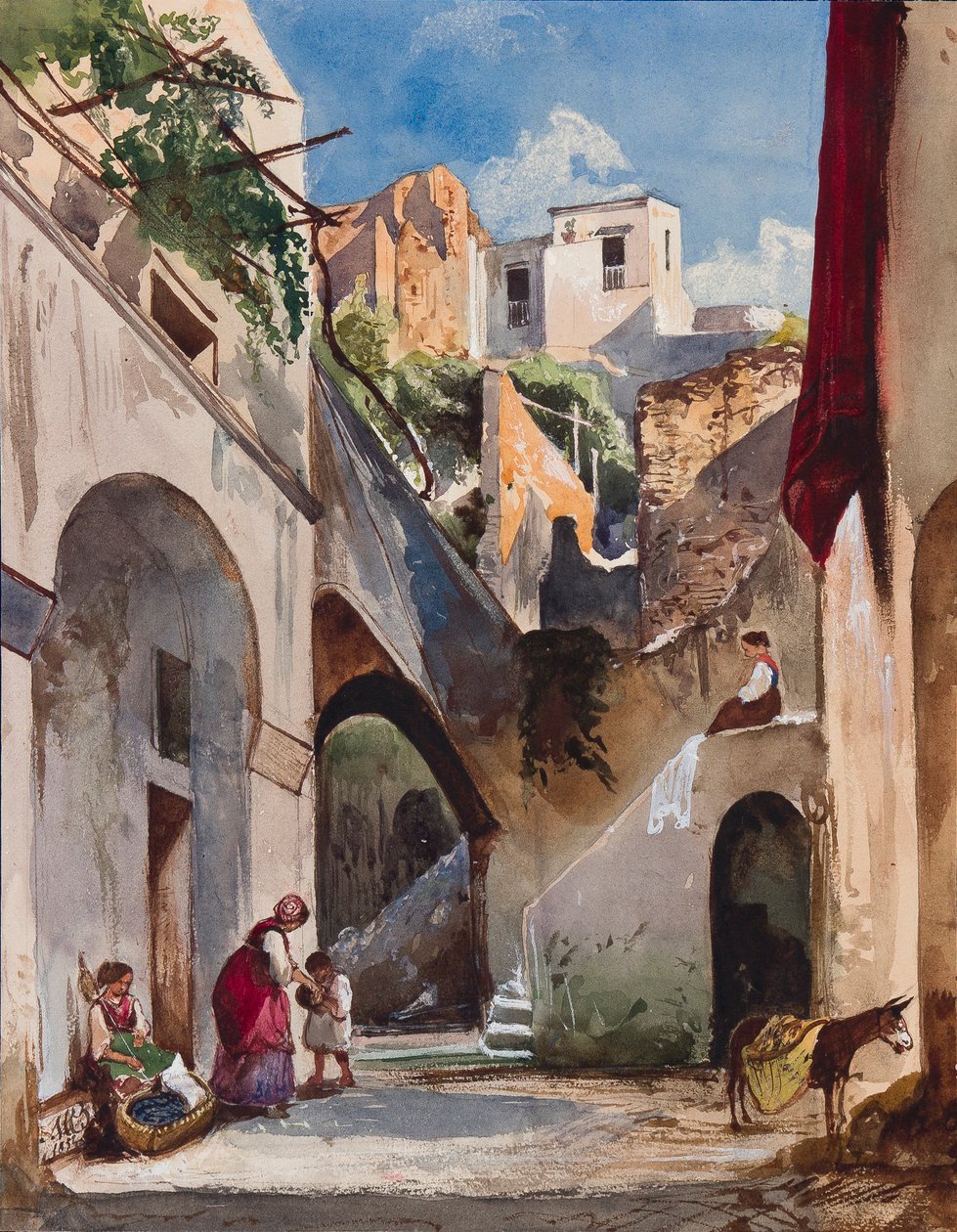 Taloja Sorrentin niemimaan Costieralla, lisäyksiä prinsessa Maria Annunziata di Borbone (1843-1871), 1853 (lyijykynä, wc ja guassi paperilla) tekijältä Giacinto Gigante