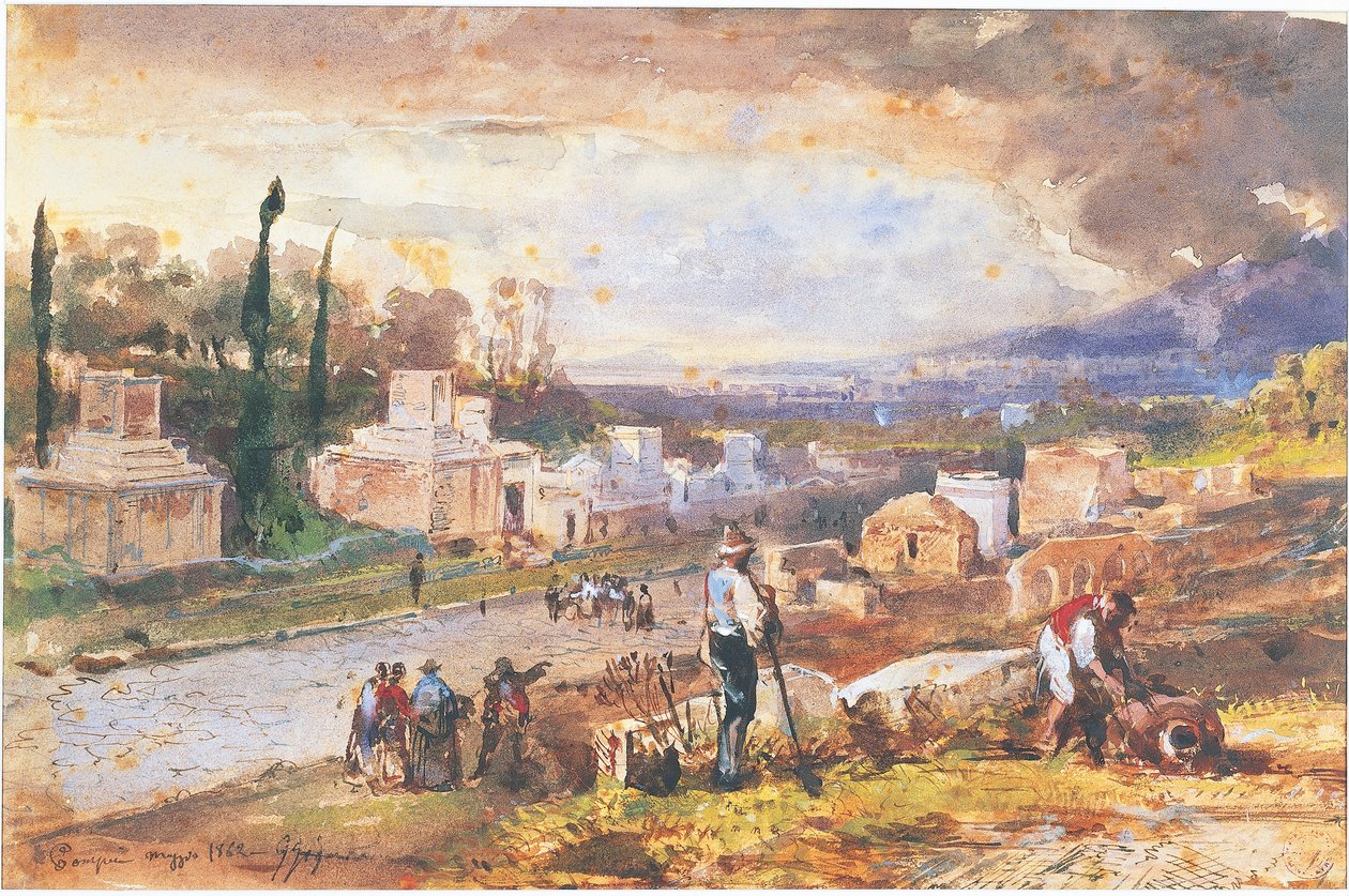 Italia, Pompei, Hautojen katu 1862 (akvarelli) tekijältä Giacinto Gigante