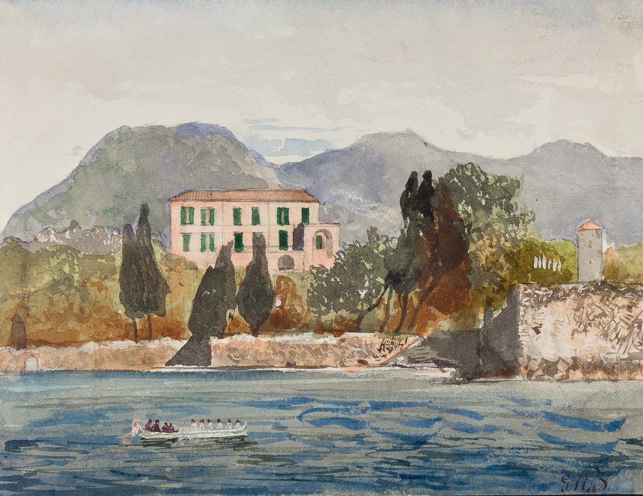 Soutuvene Borbonen lipun kanssa lähestymässä suurta taloa Napolin rannikolla, lisäyksiä ruhtinas Gaetano Maria Federico di Borbone (1846-1871) (lyijykynä, wc ja guassi). tekijältä Giacinto Gigante