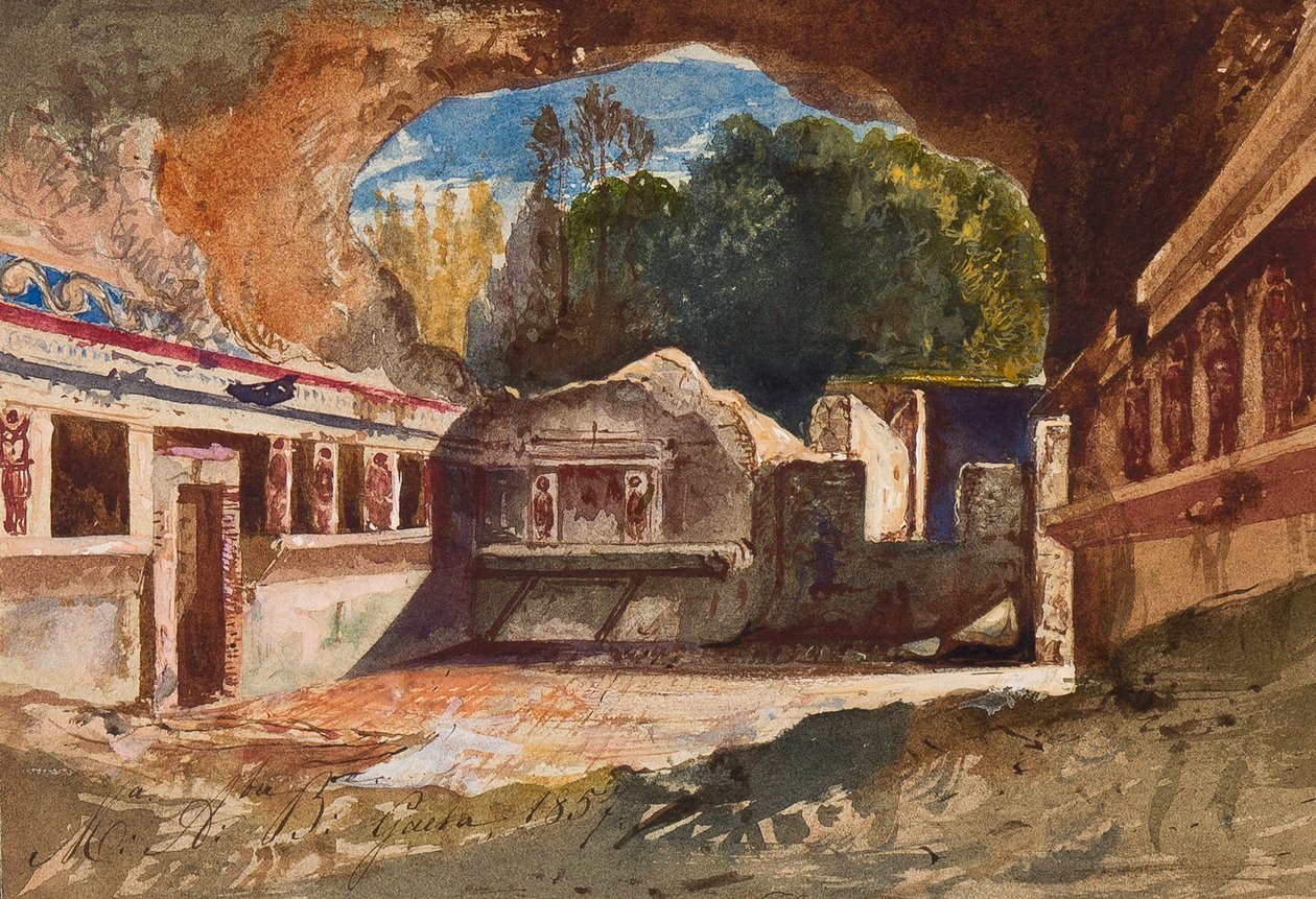 Tepidaario, Pompei, prinsessa Maria Annunziata di Borbonen (1843-1871) lisäyksillä, 1857 (lyijykynä, wc ja guassi paperilla) tekijältä Giacinto Gigante
