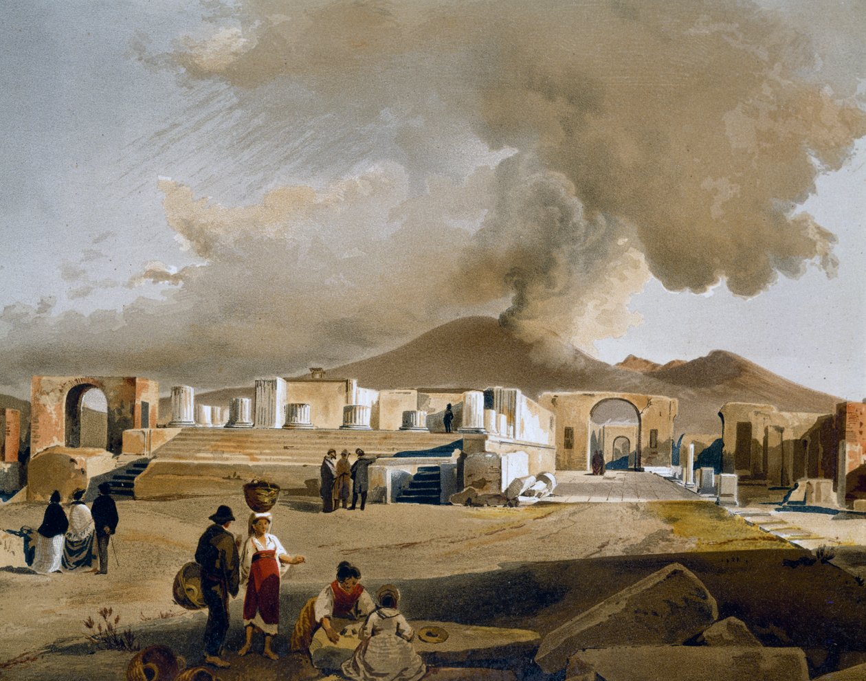 Näkymä Forumille ja Jupiterin temppelille Pompejissa, Giacinto Giganten (1806-1876) piirros Pompejin taloista ja monumenteista, Fausto ja Felice Niccolini tekijältä Giacinto Gigante