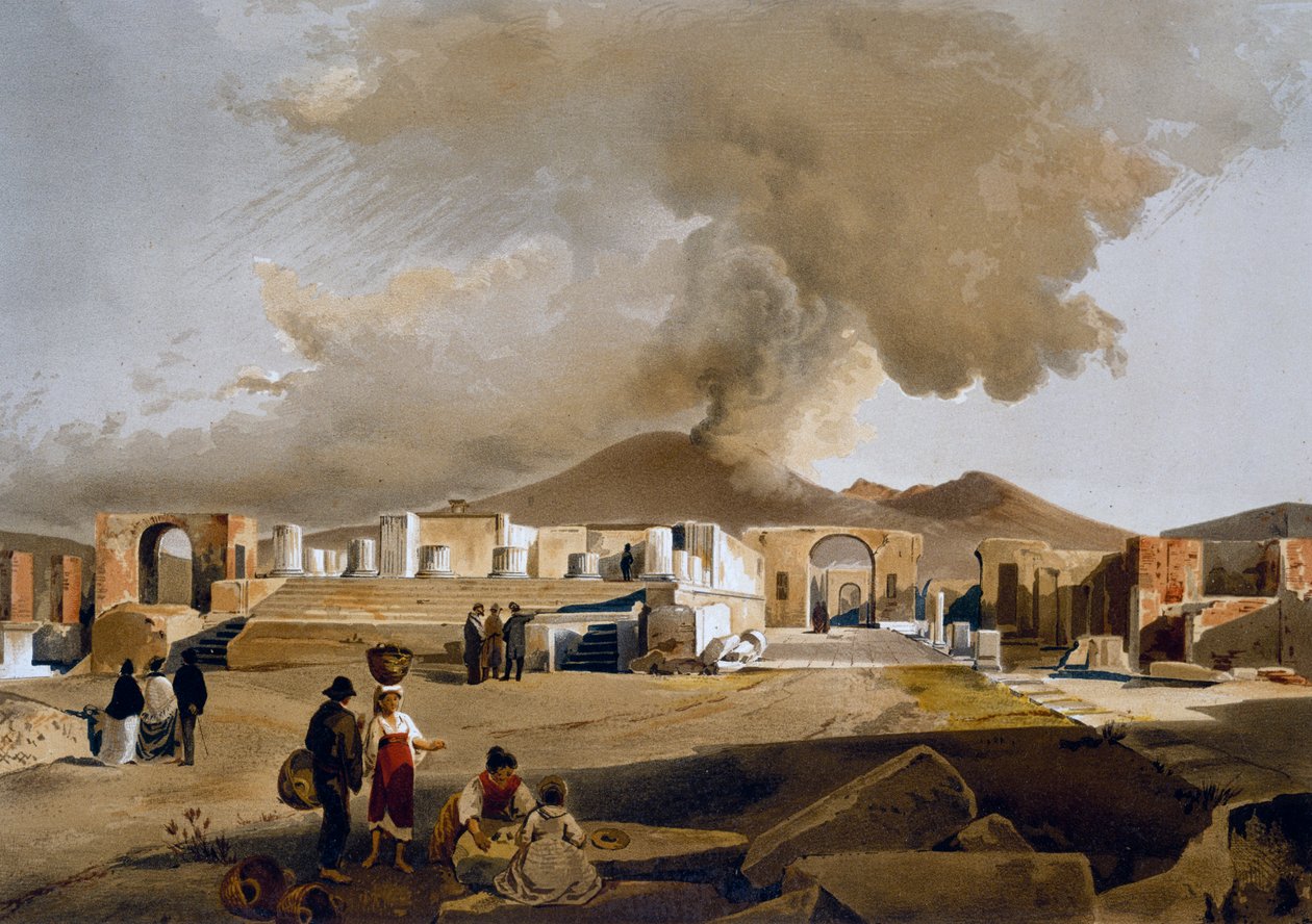 Näkymä Forumille ja Jupiterin temppelille Pompejissa, Giacinto Giganten (1806-1876) piirros Pompejin taloista ja monumenteista, Fausto ja Felice Niccolini tekijältä Giacinto Gigante