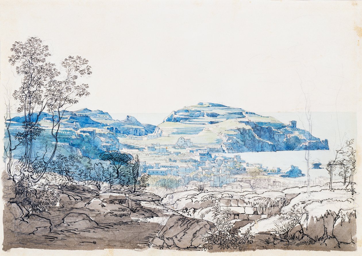 Näkymä Ischialle (Lacco Ameno), n. 1845 (lyijykynä, kynä ja vesiväri) tekijältä Giacinto Gigante
