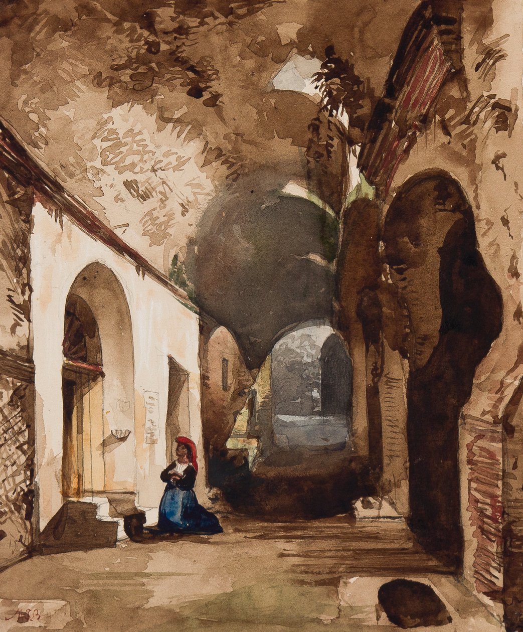 Nainen rukoilemassa holvikaarisessa pyhäkössä Pozzuolin amfiteatterissa, prinsessa Maria Annunziata di Borbonen (1843-1871) lisäyksiä (lyijykynä, wc ja guassi paperilla) tekijältä Giacinto Gigante