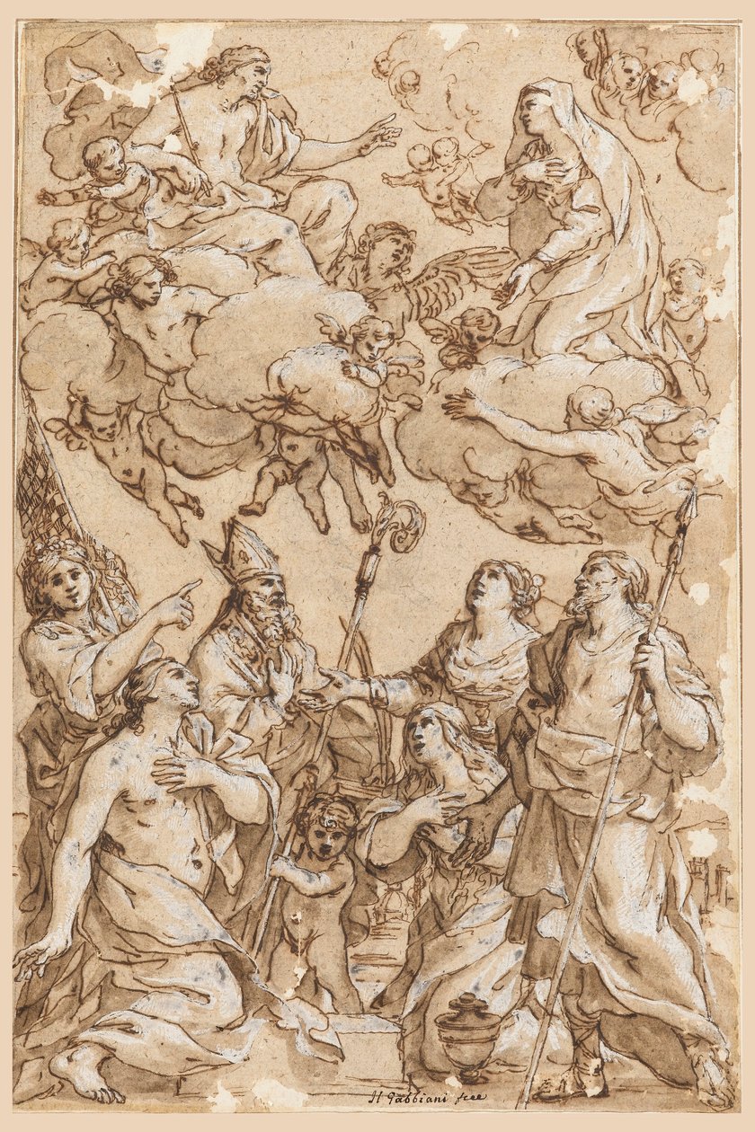 Piirros, Kristus ja Neitsyt Pistoian suojeluspyhimysten kanssa, 1638. tekijältä Giacinto Gimignani