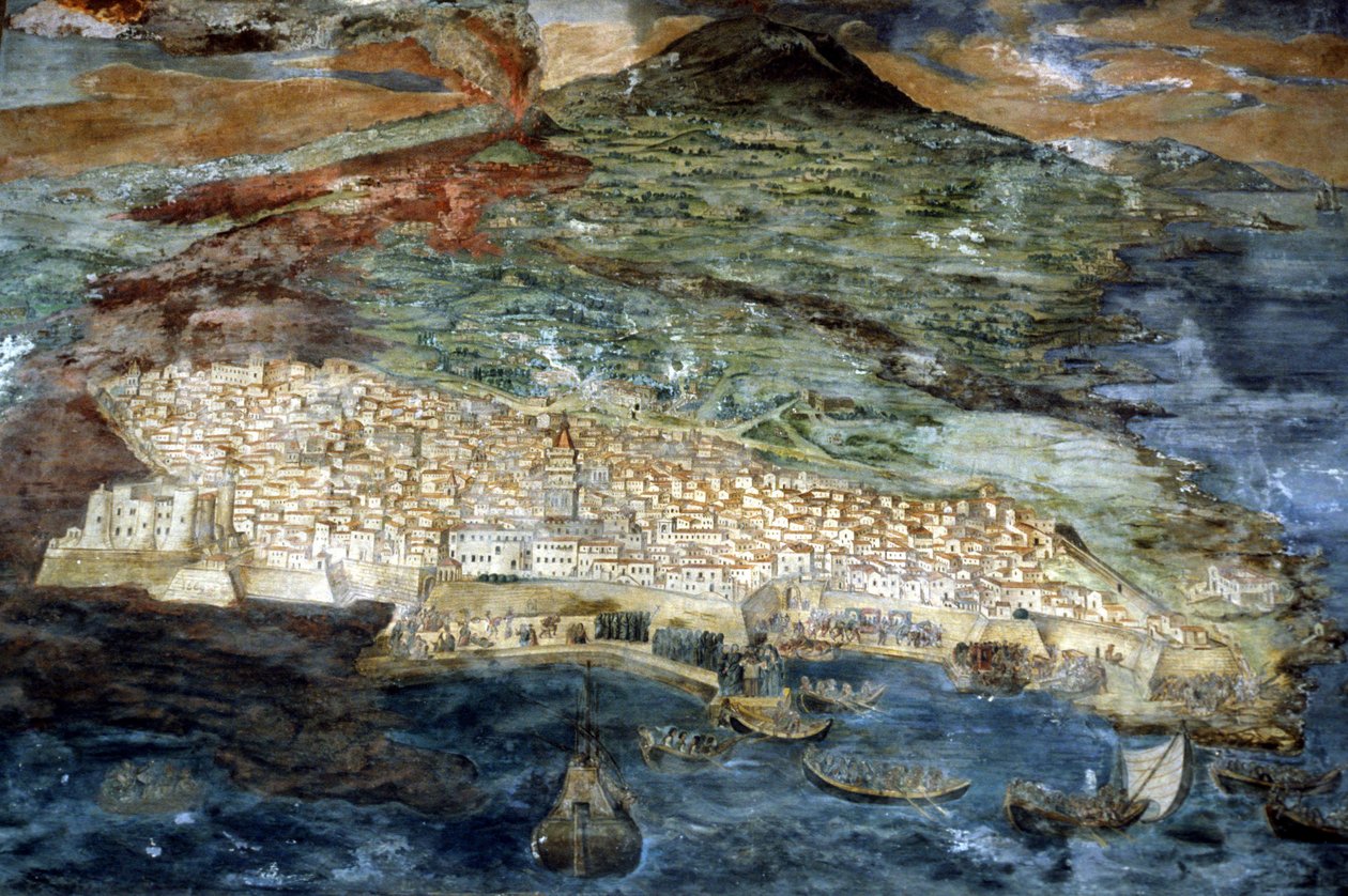 Vuonna 1669 Catanian kaupunki (Sisilia) tuhoutui Etnan purkauksessa. Giacinto Platanian maalaus. Catanian tuomiokirkon sakristi. tekijältä Giacinto Platanio