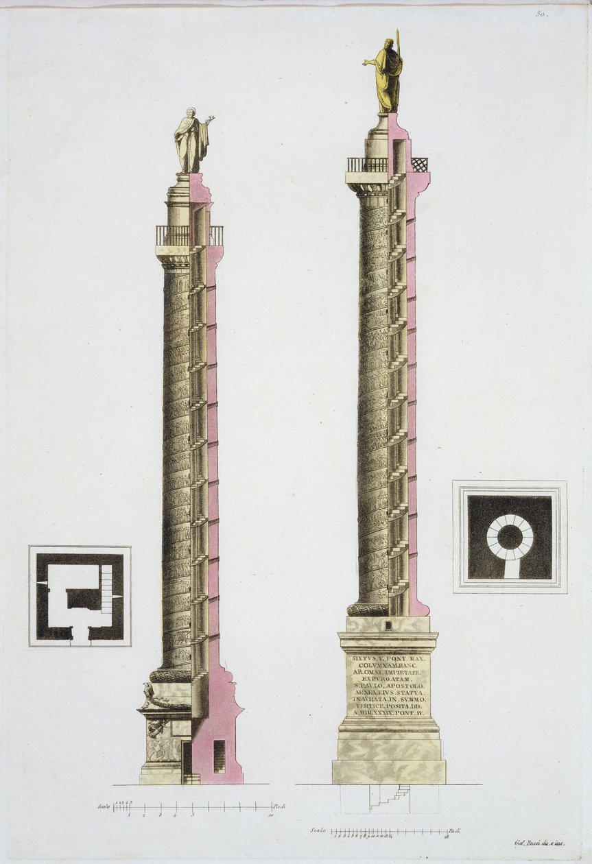 Trajanuksen pylväs, Rooma, Jules Ferrarion teoksesta "Le Costume Ancien et Moderne", julkaistu noin 1820-30-luvuilla. tekijältä Giacomo Bussi