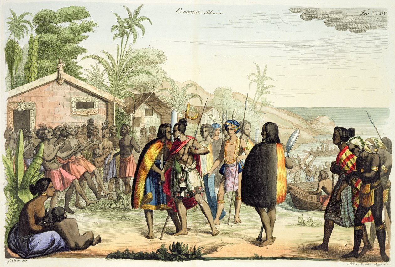 Polynesian alkuperäiskansojen tervehdys ja hierominen nenään, kaiverrus A. Bernati tekijältä Giacomo Casa
