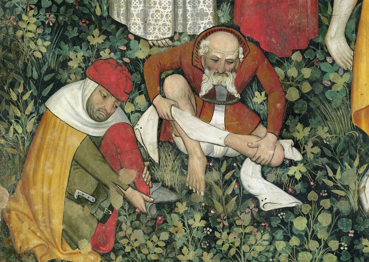 Elämän lähde, yksityiskohta iäkkäiden miesten riisuutumisesta, 1418-30 fresko tekijältä Giacomo Jaquerio