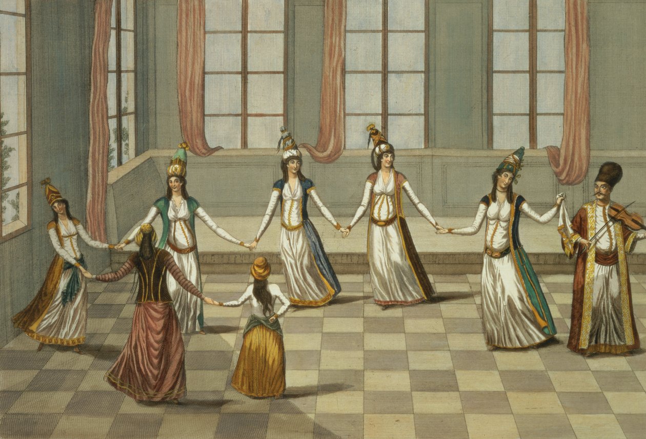 Tanssi, joka on muodikas Konstantinopolin kreikkalaisnaisten kanssa nenäliinaa pitävän naisen johdolla, kaiverrus Ignazio Colombo, n. 1816 tekijältä Giacomo Leonardis