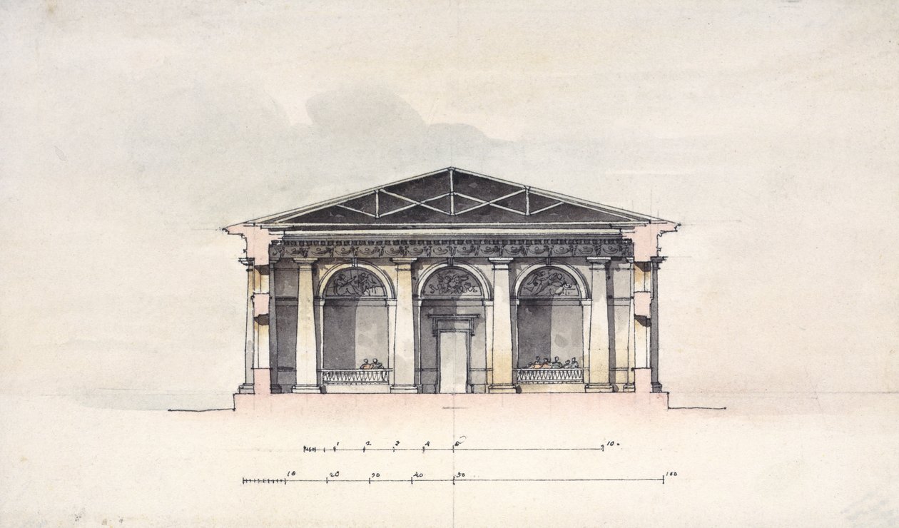 Poikkileikkausnäkymä Tsarskoje Selon ratsastustallista, 1792 (kynä ja muste ja wc paperilla) tekijältä Giacomo Antonio Domenico Quarenghi
