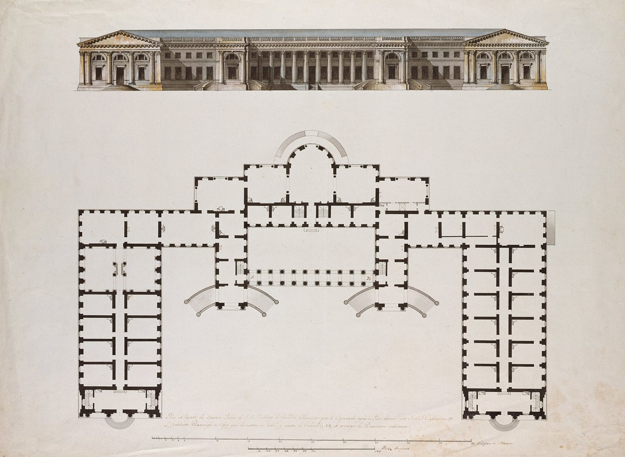 Aleksanterin palatsin pohjoiskorotus ja pohjapiirros Tsarskoje Selossa, n. 1780-luku (kynä ja musta ja ruskea muste, harmaa pesu ja wc paperilla) tekijältä Giacomo Antonio Domenico Quarenghi