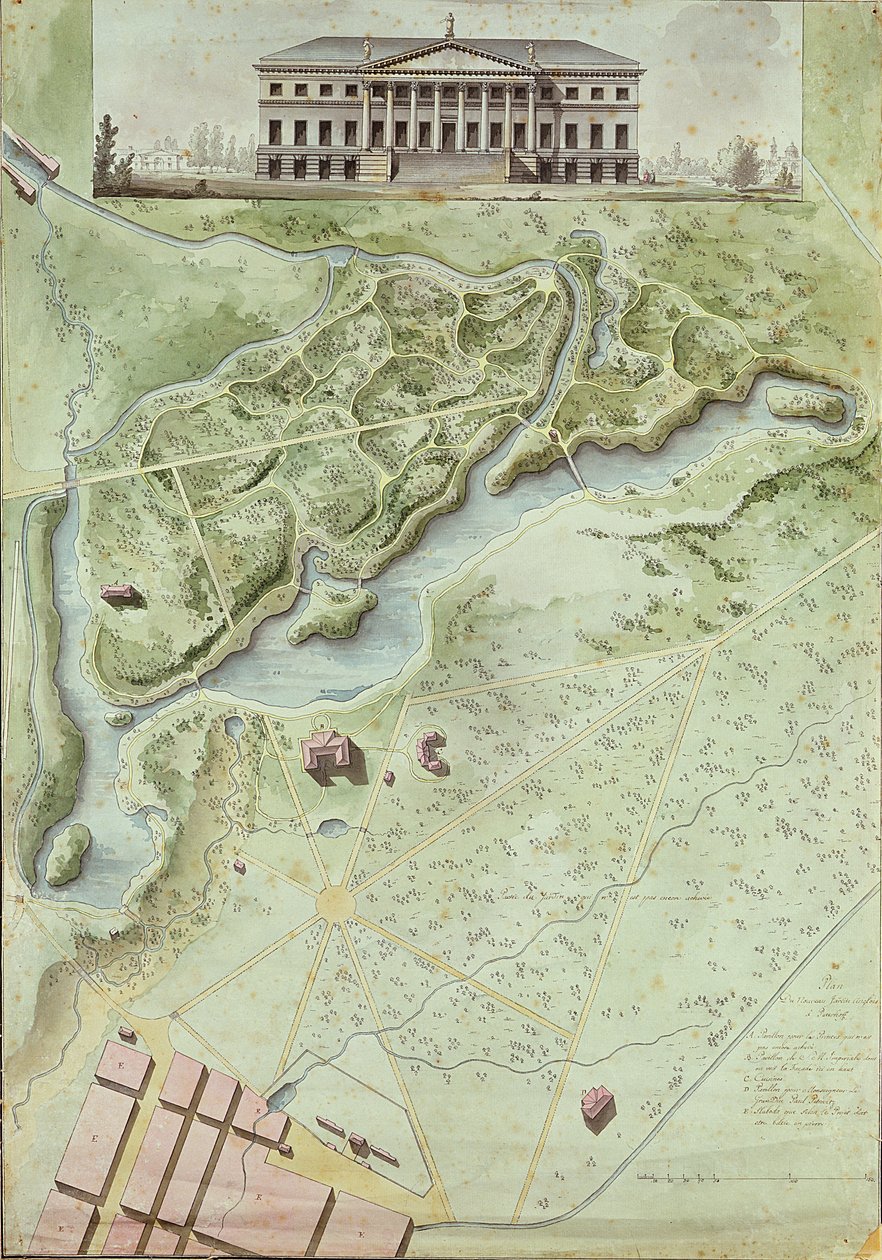 Peterhof, Venäjä: Englannin palatsin korkeus ja puistosuunnitelma (kynä ja harmaa muste ja wc paperilla) tekijältä Giacomo Antonio Domenico Quarenghi