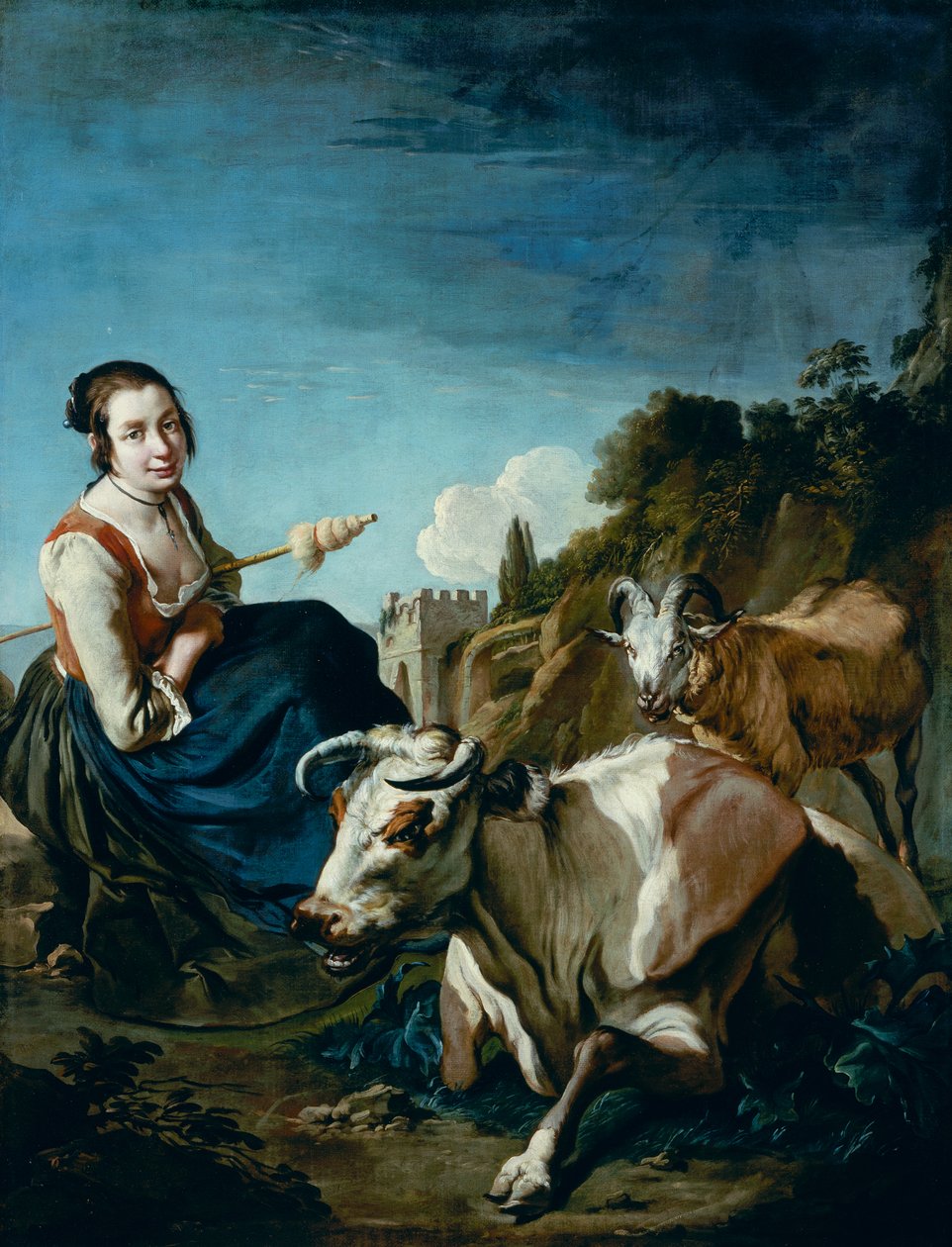 Tyttö lehmän ja lampaiden kanssa kivisessä maisemassa, n. 1700 (öljy kankaalle) tekijältä Giacomo Ceruti