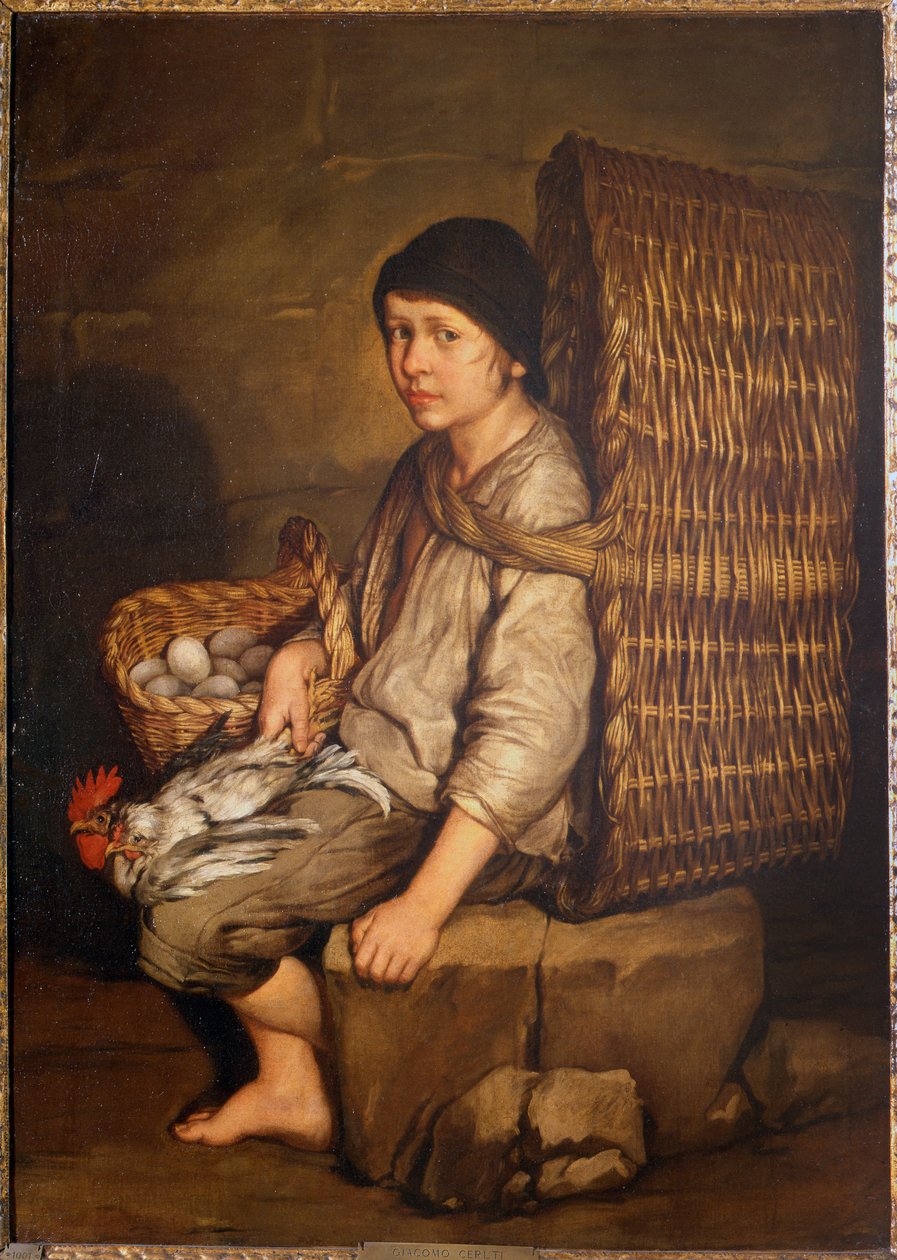 Errand poika istuu kori selässä, munat ja siipikarja, n.1735 (öljy kankaalle) tekijältä Giacomo Ceruti