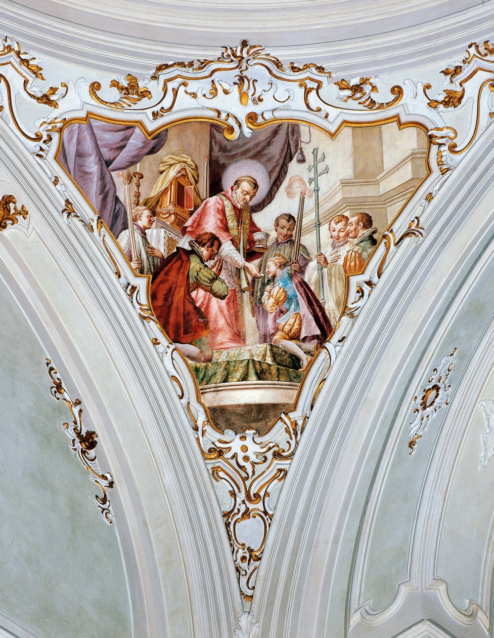 Pyhä Aloysius Gonzaga vastaanottaa ensimmäisen ehtoollisen Saint Charles Borromeolta tekijältä Giacomo Ceruti