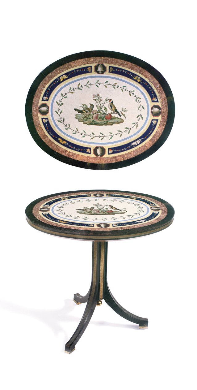 Mikromosaiikkipöytätaso, Rooma, 1700-luvun loppu (mosaiikki, ormoluihin kiinnitetty eebenpuu ja satiinipuu) tekijältä Giacomo (attr. to) Raffaelli