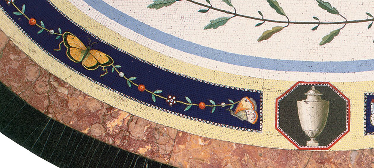Mikromosaiikkipöytätaso, Rooma, 1700-luvun loppu (mosaiikki, ormoluihin kiinnitetty eebenpuu ja satiinipuu) tekijältä Giacomo (attr. to) Raffaelli