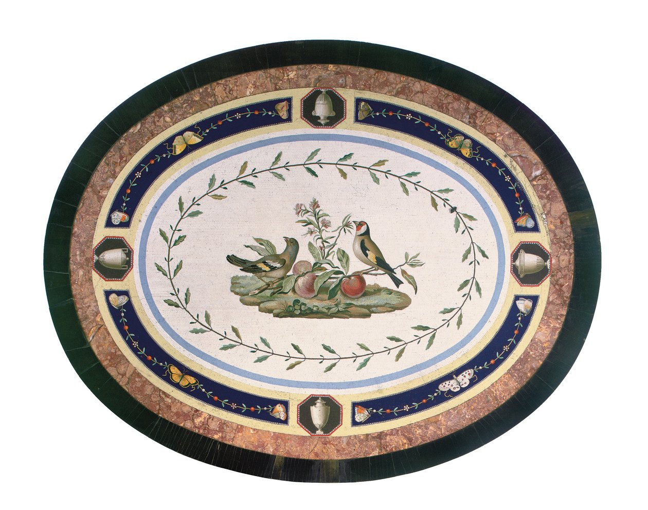Mikromosaiikkipöytätaso, Rooma, 1700-luvun loppu (mosaiikki, ormoluihin kiinnitetty eebenpuu ja satiinipuu) tekijältä Giacomo (attr. to) Raffaelli