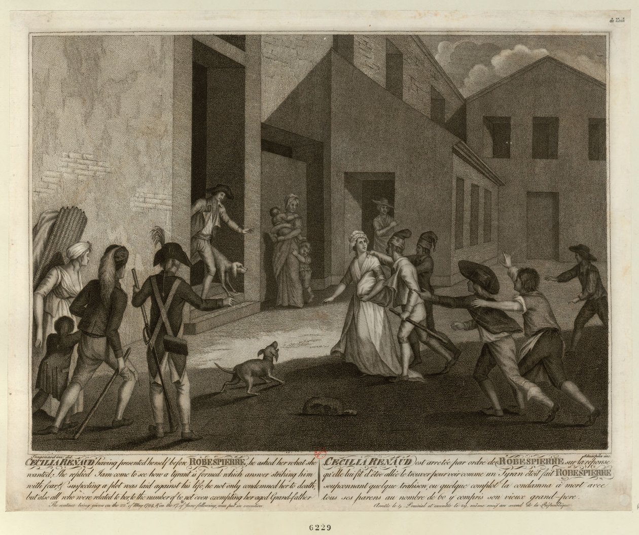 Cécile Renaultin pidätys 22. toukokuuta 1794 Robespierren asunnossa, n. 1798. tekijältä Giacomo Aliprandi