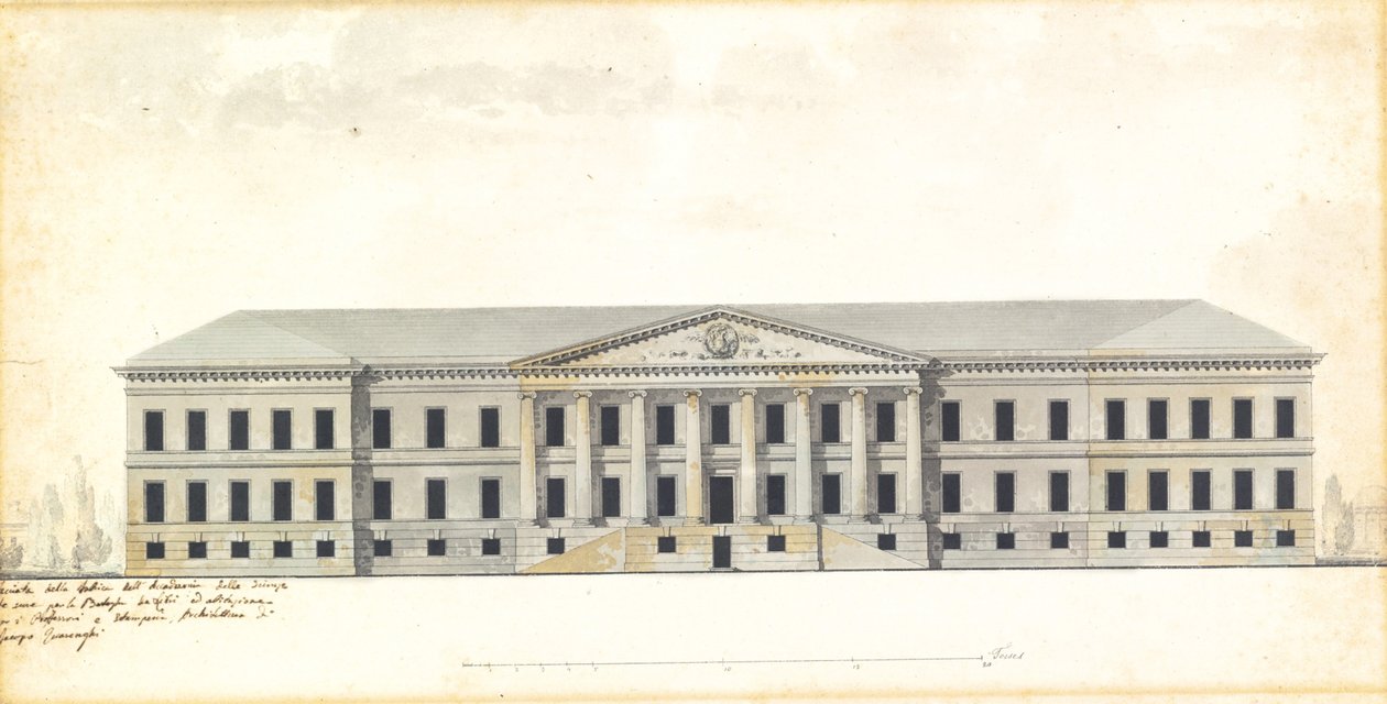 Pietarin tiedeakatemian julkisivun kohotus tekijältä Giacomo Antonio Domenico Quarenghi
