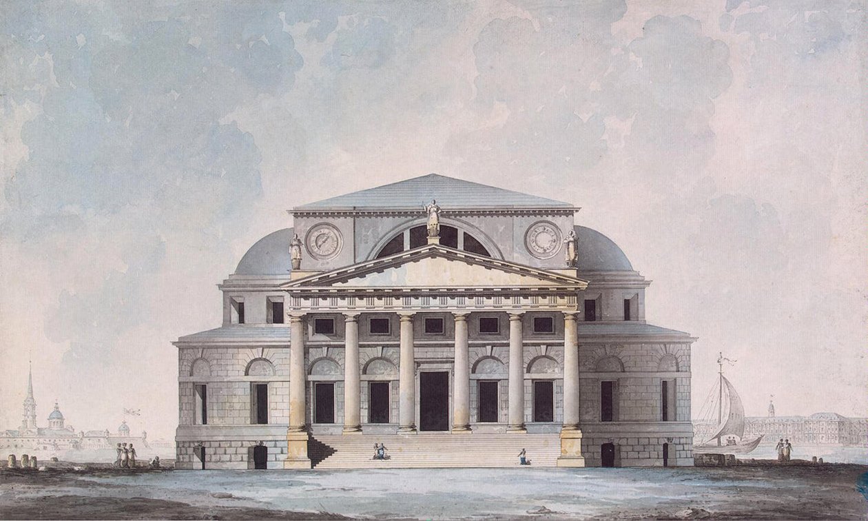 Pörssirakennuksen julkisivu Pietarissa, 1783 tekijältä Giacomo Antonio Domenico Quarenghi