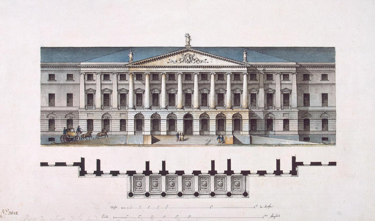 Smolny-instituutin projekti. Pääjulkisivu ja pohjakerrossuunnitelma, 1806-1808 tekijältä Giacomo Antonio Domenico Quarenghi