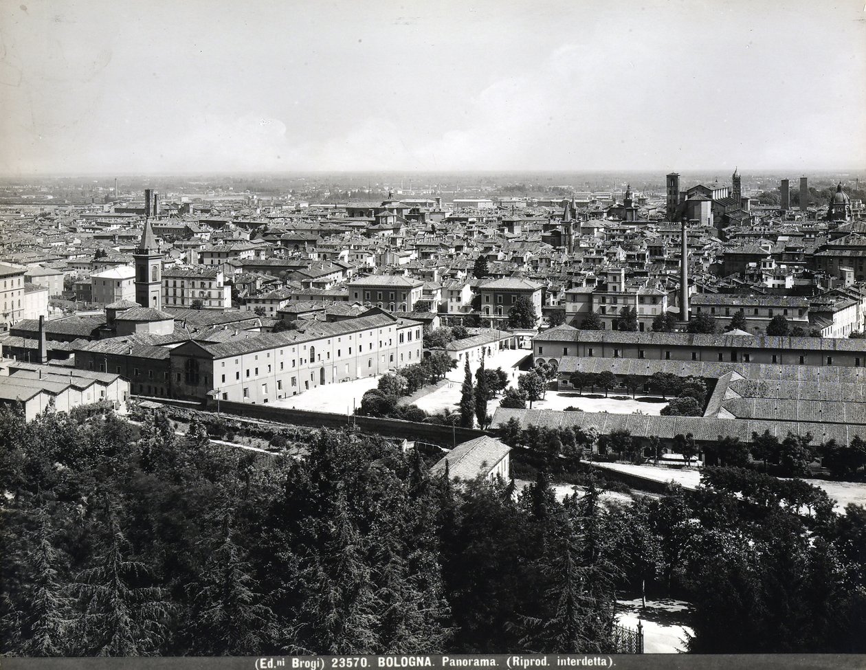 Panoraamanäkymä Bolognaan tehtaineen ja aukiolla. tekijältä Giacomo Brogi