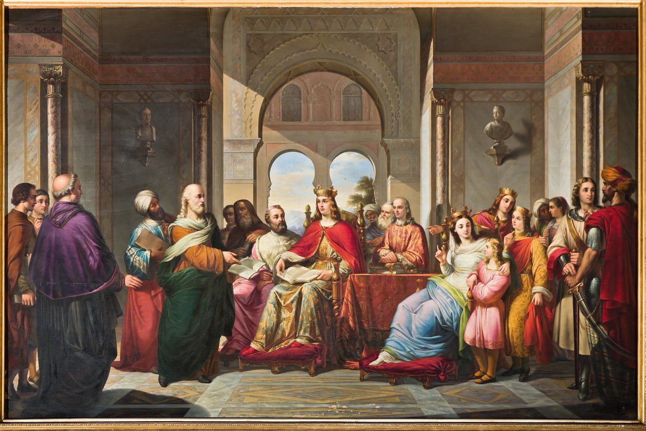 Frederik II vastaanottaa Aristoteleen kirjan Michael Scotilta tekijältä Giacomo Conti