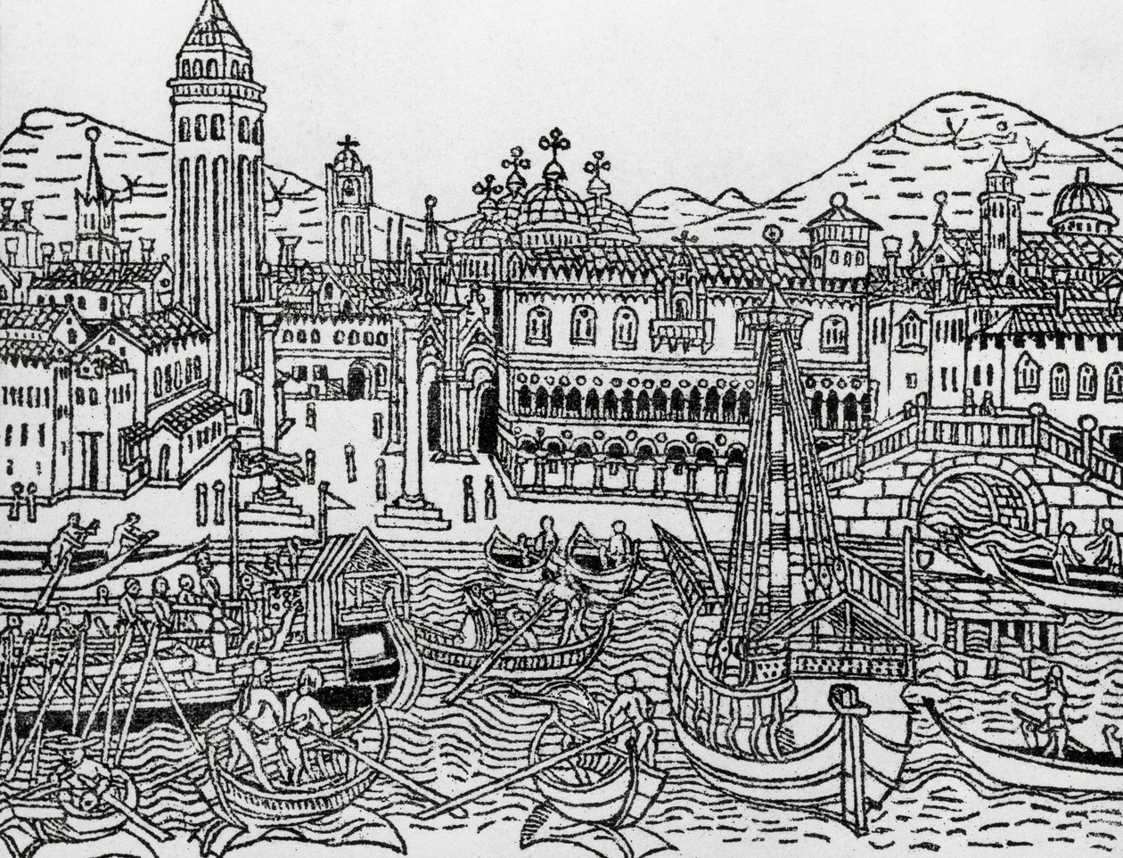 Näkymä Venetsiaan 1400-luvulla, Italia, puupiirros, Giacomo Filippo Forestin (1434-1520) Supplementum chronicarumista tekijältä Giacomo Filippo Foresti
