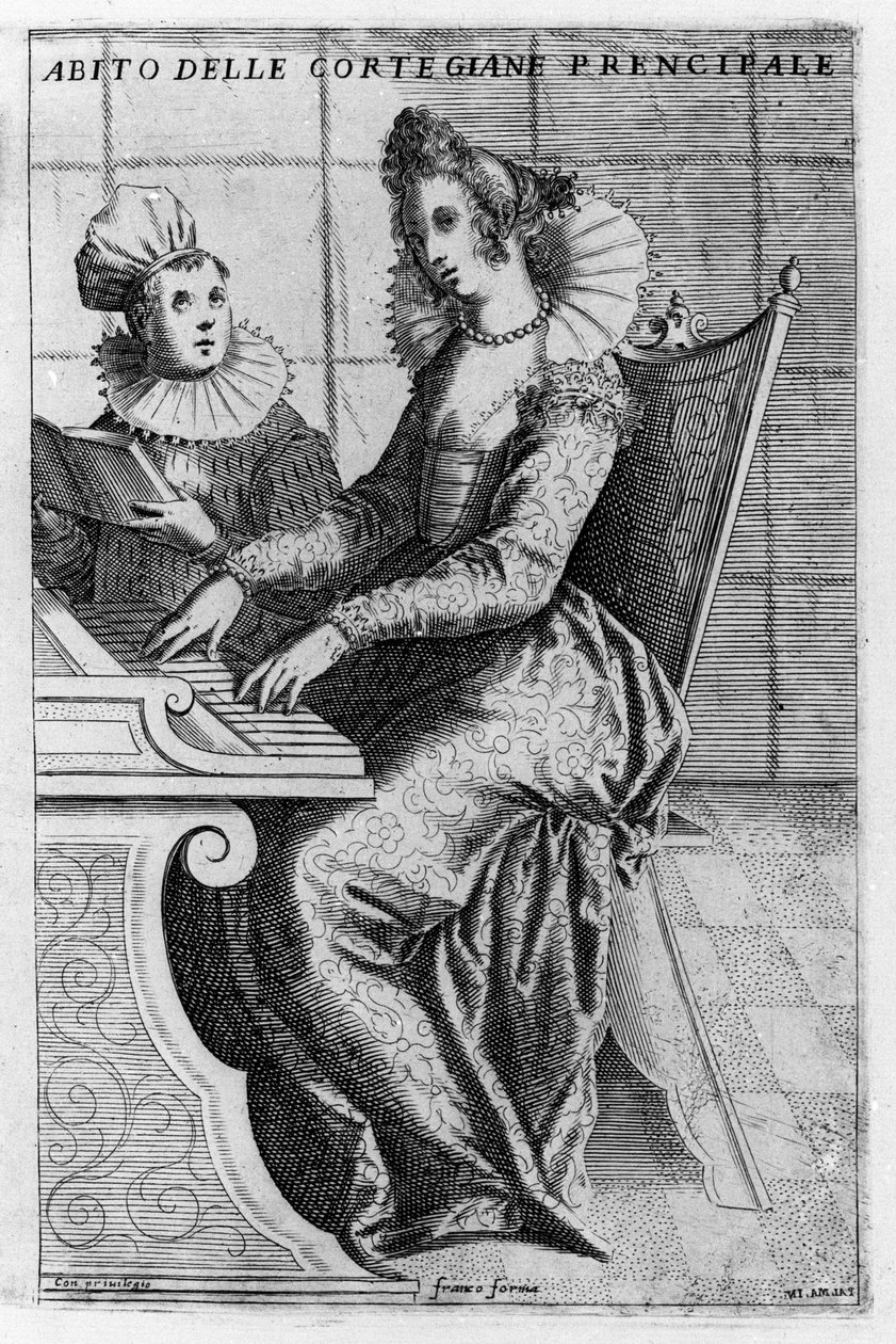Elegantissa mekossa oleva kurtisaani soittaa pianoa. Giacomo Francon (1550-1620) kaiverrus "Venetsiasta, käytöt ja tavat", noin 1597. tekijältä Giacomo Franco