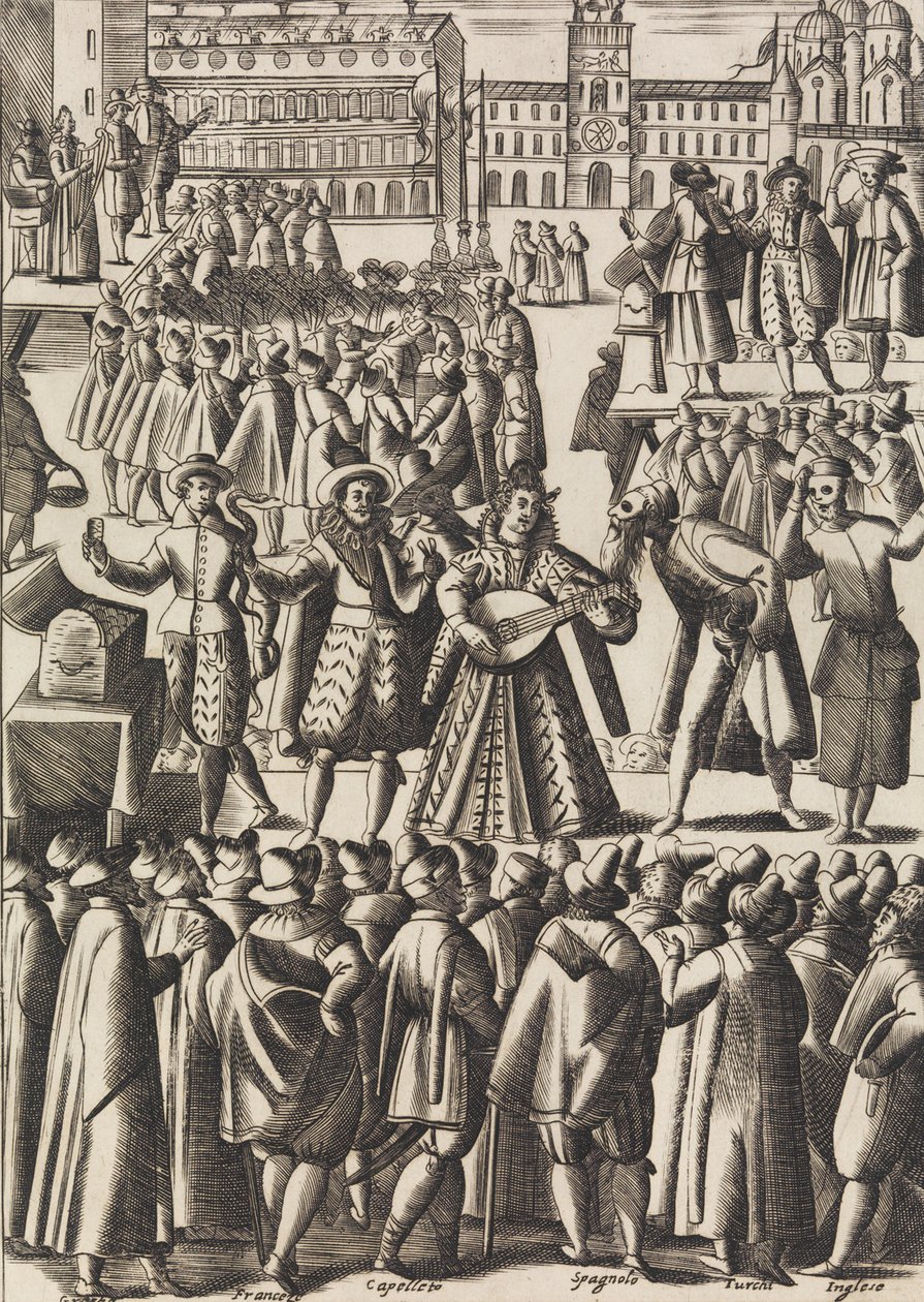 Charlataanien joka päivä tarjoama viihde Piazza di S. Marco al Populolla..., n. 1610. tekijältä Giacomo Franco