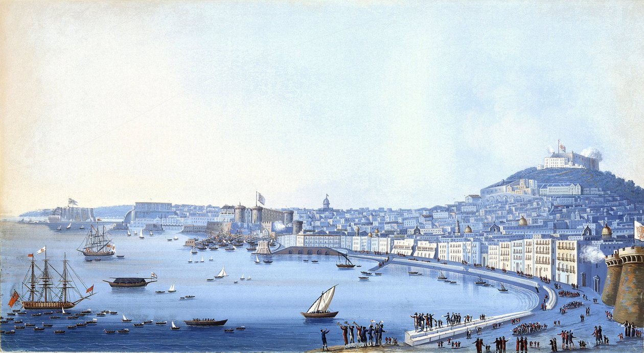 Kontra-amiraali Horatio Nelsonin (1758-1805) saapuminen Napoliin (Italia) 22. syyskuuta. tekijältä Giacomo Guardi