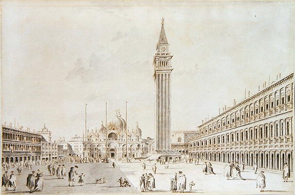 Näkymä Piazza San Marcolle kohti basilikaa ja Campanilea (kynä ja muste pesulla paperille) tekijältä Giacomo Guardi