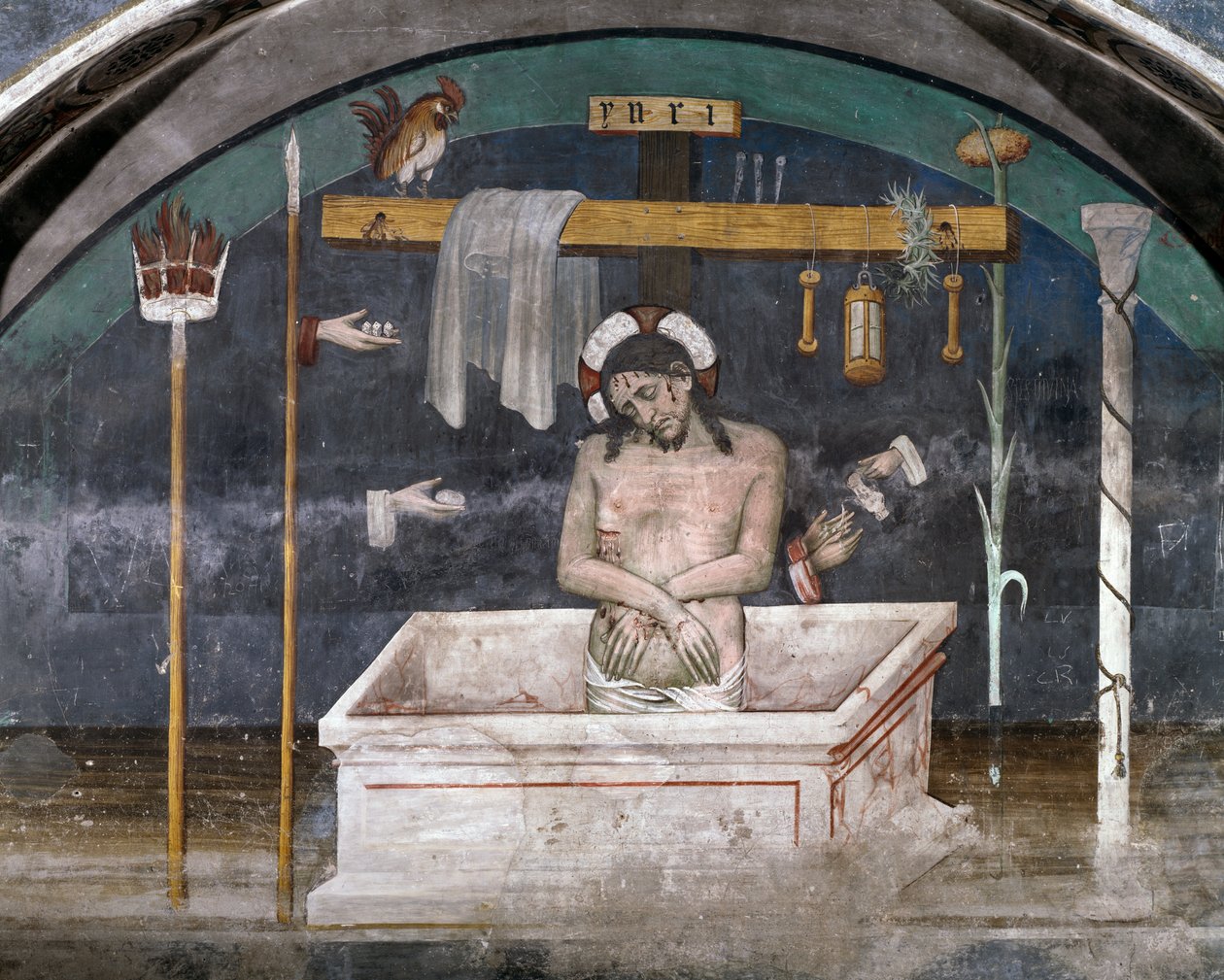 Kristus kärsimyksen symbolien ympäröimänä, Giacomo Jaquerion (1375-1453) fresko, St Anthony of Ranverson luostari, Buttigliera Alta, Piemonte, Italia tekijältä Giacomo Jaquerio