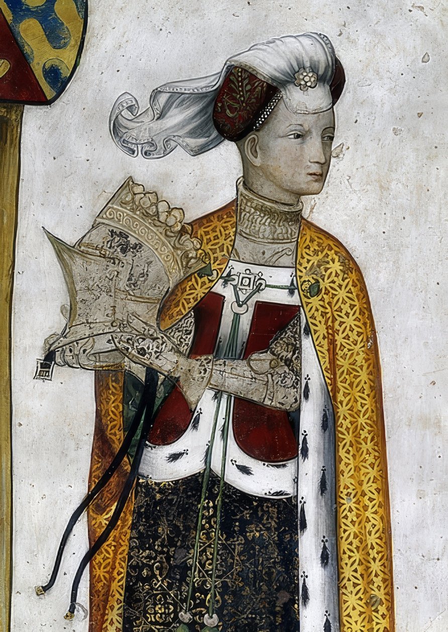 Saluzzon markiisien ja heidän puolisoidensa esittäminen historiallisina ja mytologisina sankareina ja sankarittarina. Yksityiskohta: Riccarda di Sicilia, Tommaso II:n vaimo, amatsonikuningatar Lampetona. 1418-30 tekijältä Giacomo Jaquerio