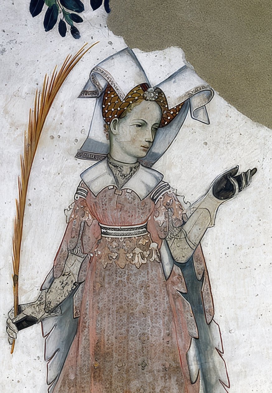 Saluzzon markiisi ja heidän vaimonsa kuvaus historiallisina ja mytologisina sankareina ja sankarittareina. Yksityiskohta: Marguerite de Roussy, Tommaso III:n vaimo. kuin Teuca. 1418-30 tekijältä Giacomo Jaquerio