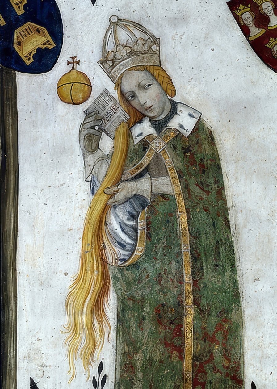 Saluzzon markiisi ja heidän vaimonsa kuvaus historiallisina ja mytologisina sankareina ja sankarittareina. Yksityiskohta: Beatrice Visconti aetiopena, Fredericos I:n vaimo 1418-30 tekijältä Giacomo Jaquerio
