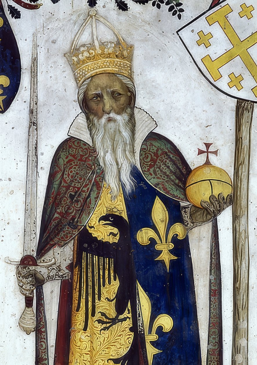 Saluzzon markiisi ja heidän vaimonsa kuvaus historiallisina ja mytologisina sankareina ja sankarittareina. Yksityiskohta: Manfredo III. kuin Kaarle Suuri. 1418-30 tekijältä Giacomo Jaquerio