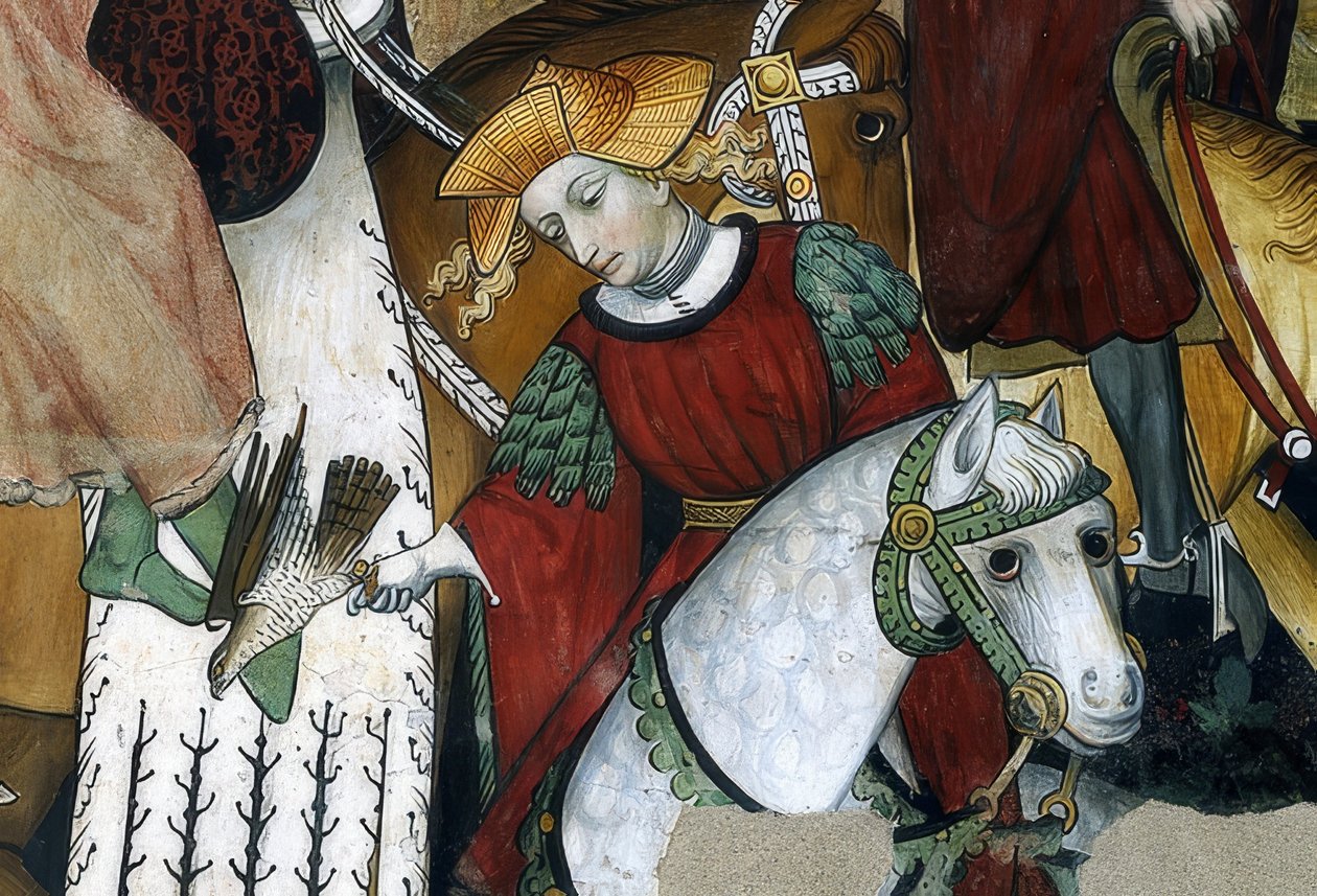 Nuoruuden lähde. Yksityiskohta: haukkametsästäjä linnunsa kanssa. 1418-30 tekijältä Giacomo Jaquerio