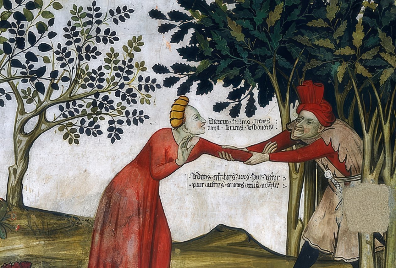 Nuoruuden lähde. Yksityiskohta: mies vetää naisen pensaisiin. 1418-30 tekijältä Giacomo Jaquerio