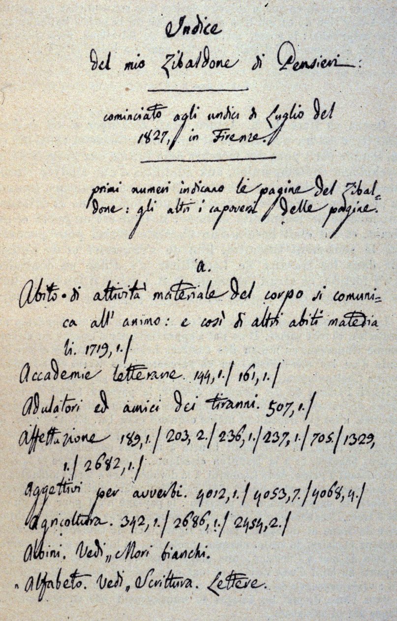 Giacomo Leopardin (1798 - 1837) Zibaldonen (tai "Pensieri") käsikirjoituksen alku. 1817-1832 tekijältä Giacomo Leopardi