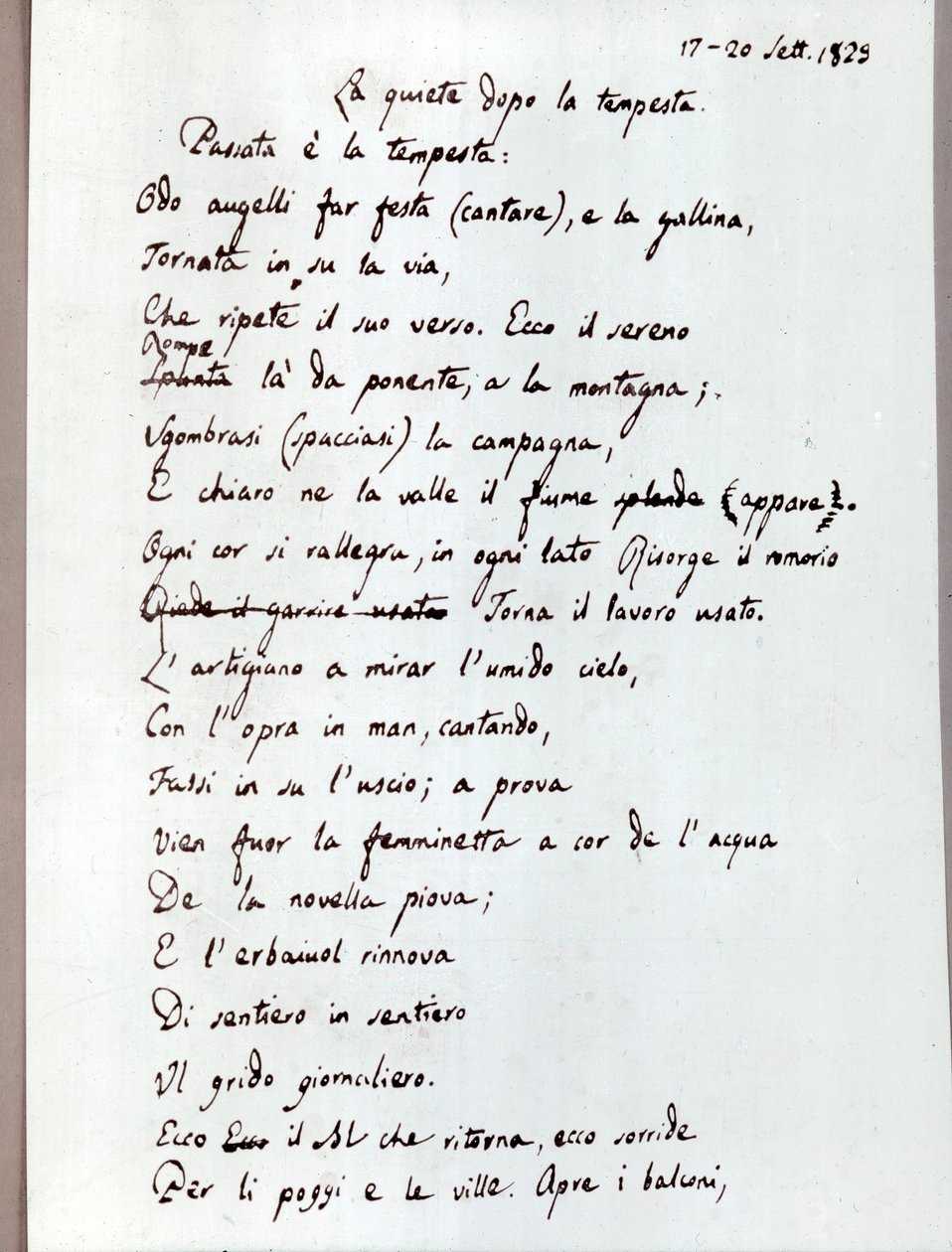 Leopardin runon "Myrskyn jälkeinen hiljaisuus" käsikirjoitus. 1829 (asiakirjat ) tekijältä Giacomo Leopardi
