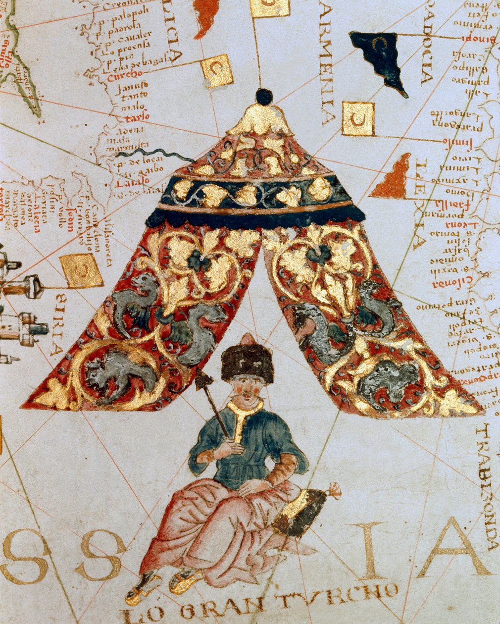 Yksityiskohta kartantekijä Giacomo de Maggiolon kartasta, joka kuvaa sulttaani Solimania (Suleyman) sanoin upeaa (1520-1566), jota kutsutaan "Suureksi turkkiksi". Miniatyyri. Merimuseo, Genes tekijältä Giacomo Maggiolo